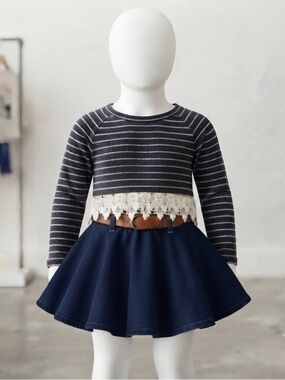 Girls Navy, & Baby blue striped Long Sleeve Top with White Lace Hem